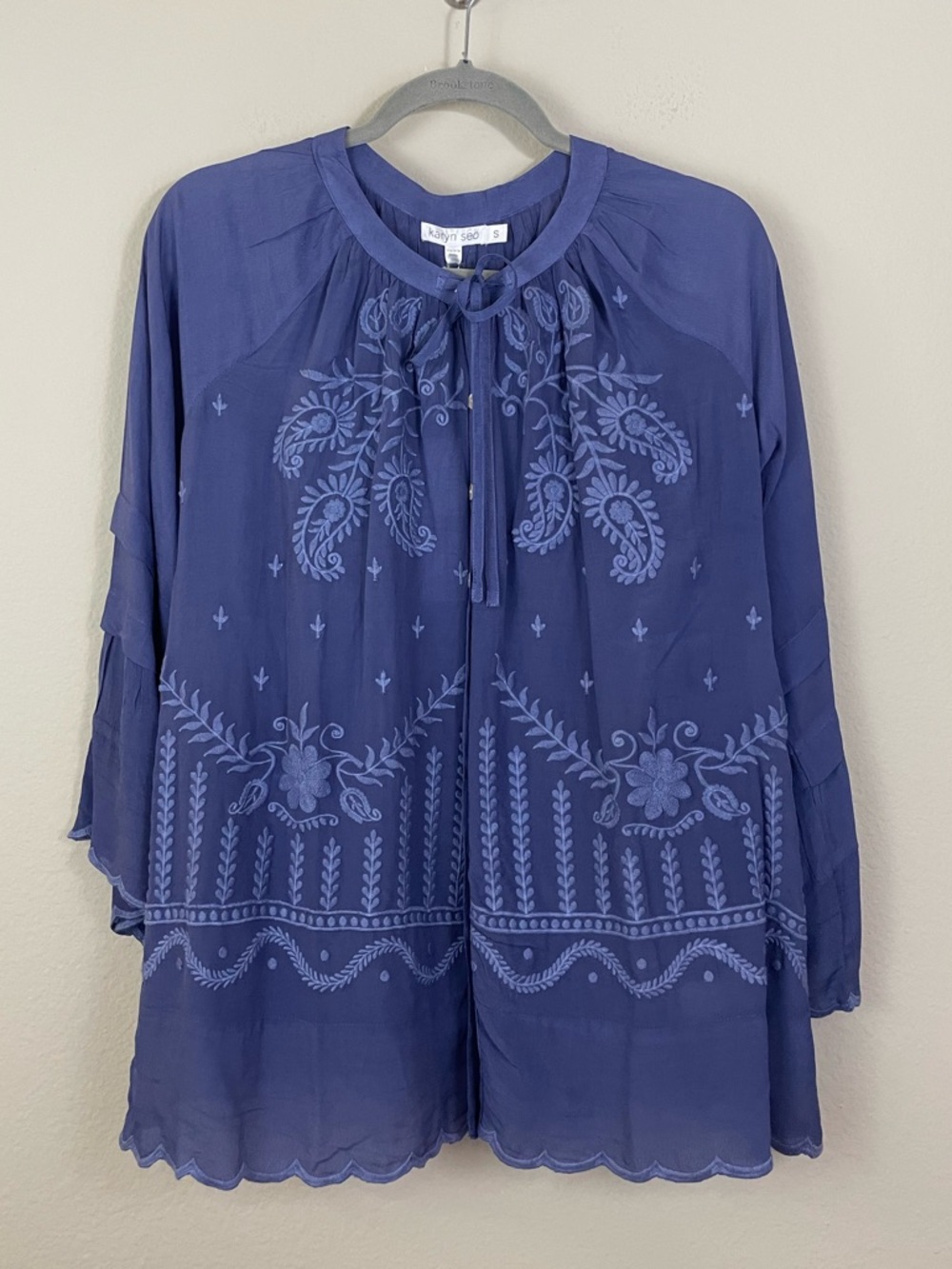 NEW Karyn Seo Indigo Blue Paisley Embroidered Peasant Blouse Size S Boho Chic